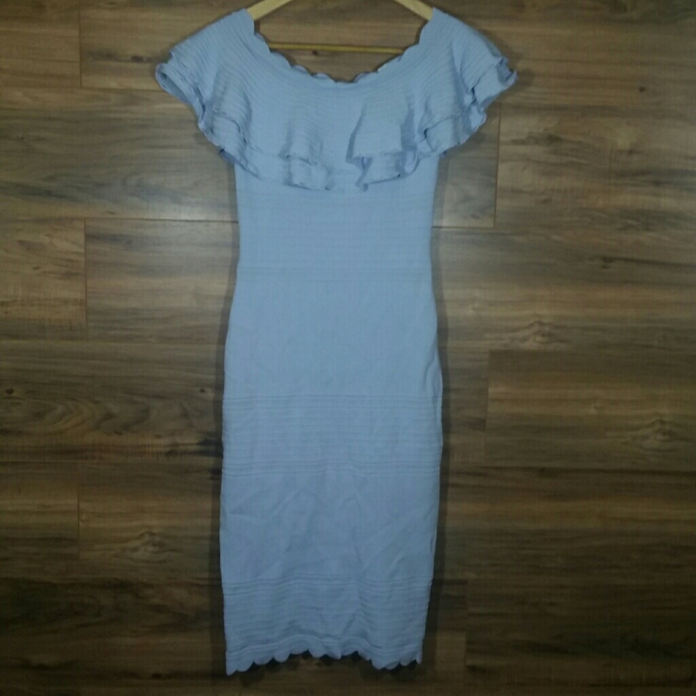 Eliza J Blue Off the Shoulder Ruffle Sheath Dress
